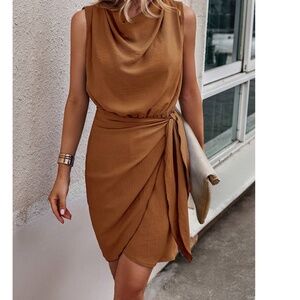 Luxe Rust Brown Sleeveless Drape Neck Mini Dress